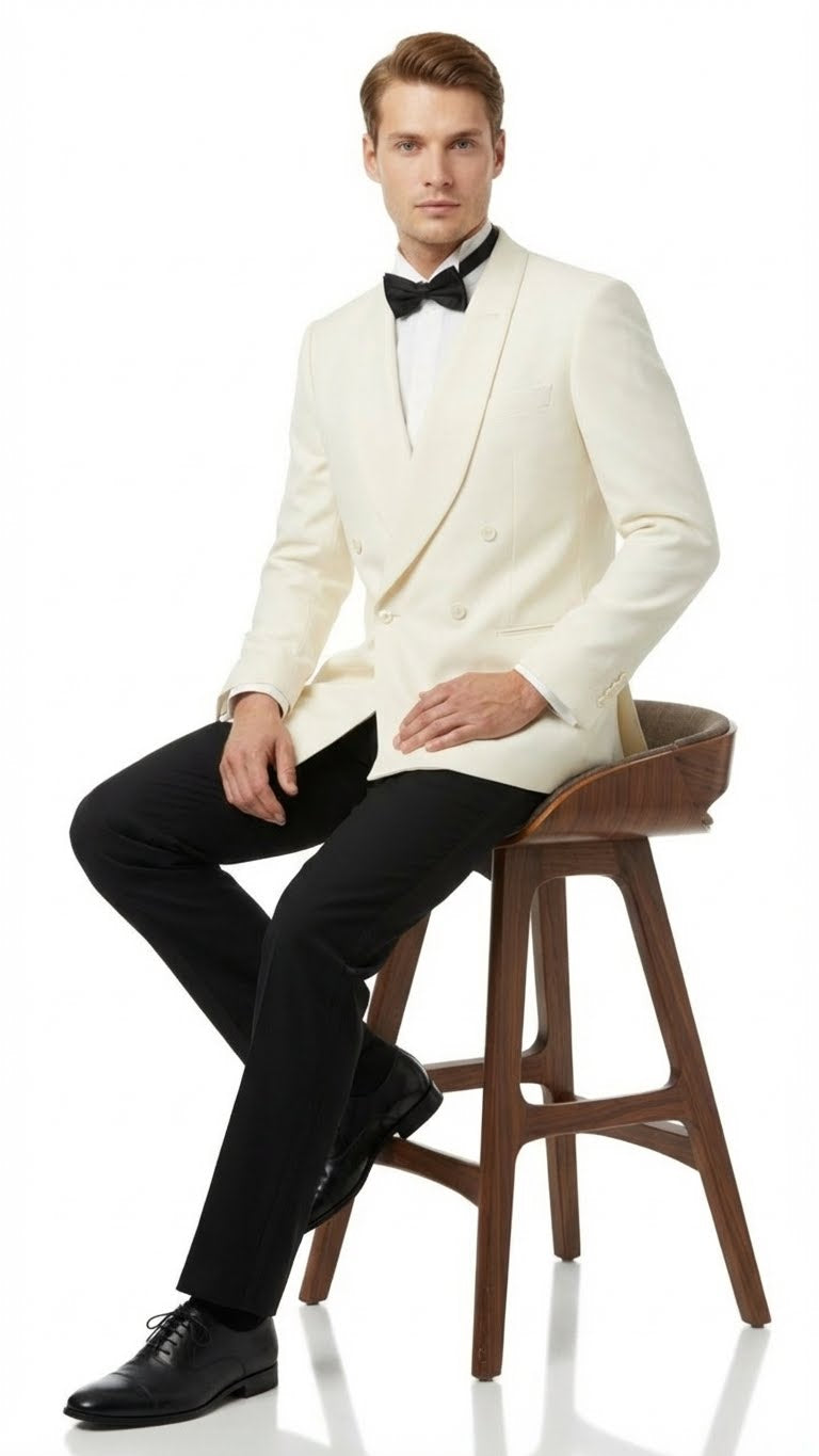 Ivory double-breasted tuxedo jacket with shawl lapels, tailored fit, and structured shape. Paired with black formal trousers for contrast. Classic design.

