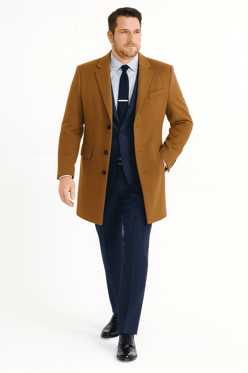 Men's camel brown wool overcoat. Straight cut, single-breasted, notch lapel, 3 buttons, chest pocket. Smooth wool. Full-length sleeves, side pockets. Uniform camel color.