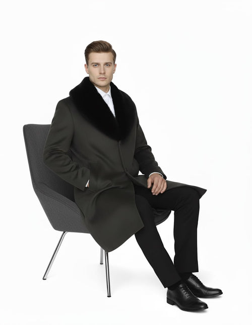 Men's olive wool overcoat with black fur collar. Tailored shape, full-length, button closure. Luxury fabric for a sophisticated look.
