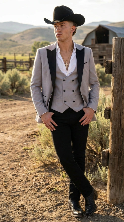 Men’s Light Gray Cowboy Tuxedo with Black Satin Lapel – Western Formal Suit with Double Breasted Vest