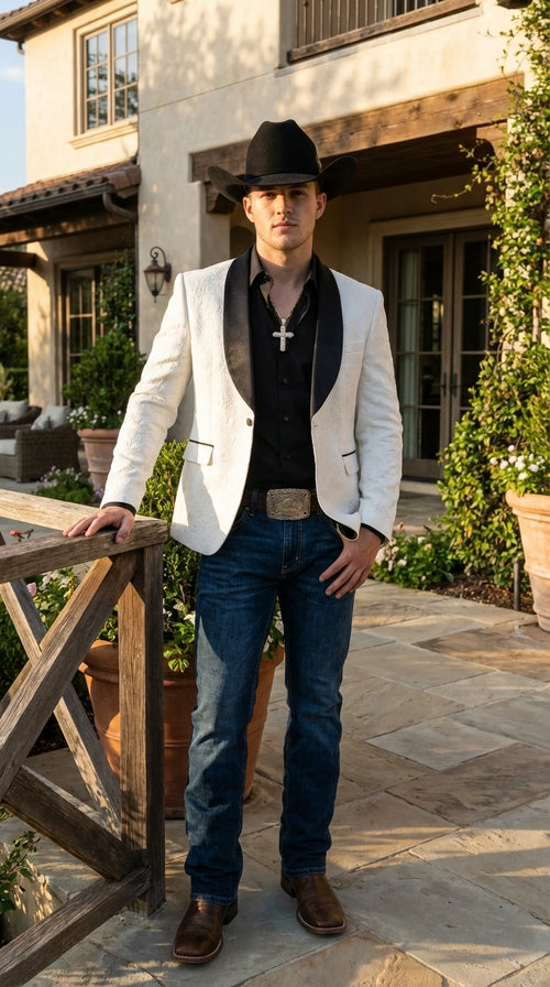 Men’s White Cowboy Blazer with Black Shawl Lapel – Western Formal Jacket for Wedding and Special Events