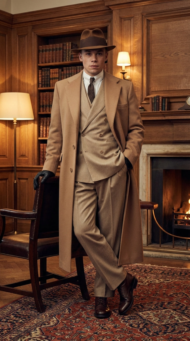 Men’s Cashmere & Wool Camel Beige Long Overcoat – Peaky Blinders Style Vintage Formal Coat + Suit + Hat Package