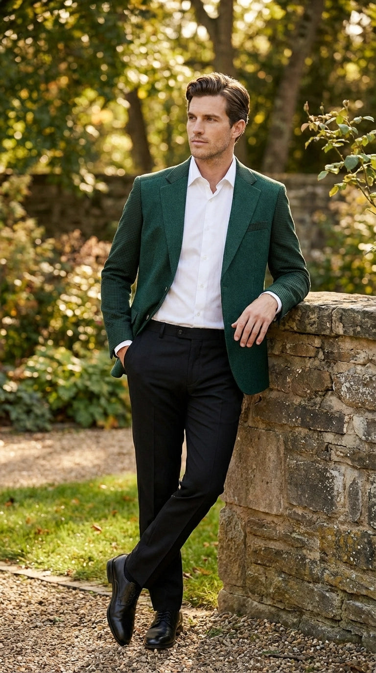 Zacchi Brand Men’s Dark Green Textured Blazer – Classic Single Button Sport Coat with Notch Lapel Formal Jacket