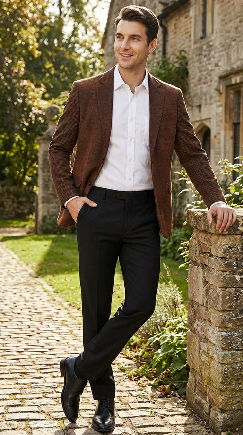 Men’s Zacchi Brown Textured Blazer – Classic Single Button Sport Coat with Notch Lapel Formal Jacket