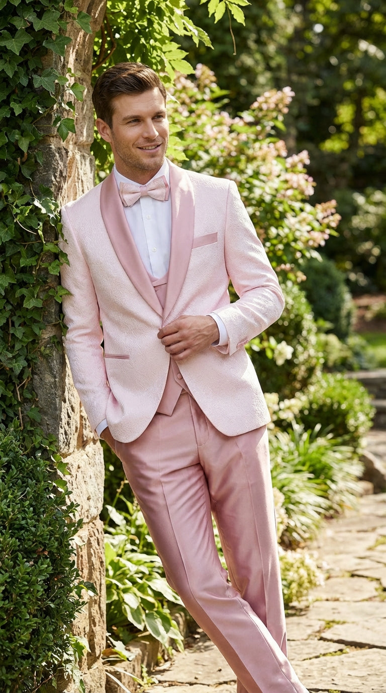 Men's Light Pink 3 Piece Tuxedo Suit Set | Shawl Lapel Formal Wedding Prom Dinner Suit in Rose Gold Color