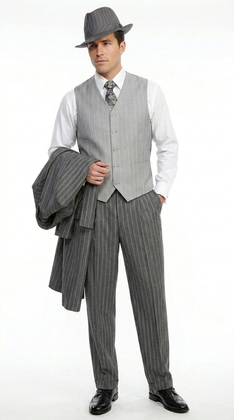 Men’s Grey Pinstripe Zoot Suit 3 Piece – 1920s Gangster Vintage Wide Lapel Suit with Vest for Wedding, Party
