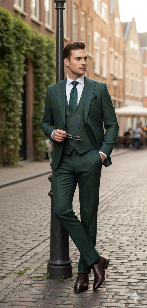 Men's green plaid three-piece suit in a slim fit. Features a jacket with notch lapels, a vest, and tailored trousers. Textured fabric with green and blue check pattern. Classic design.
