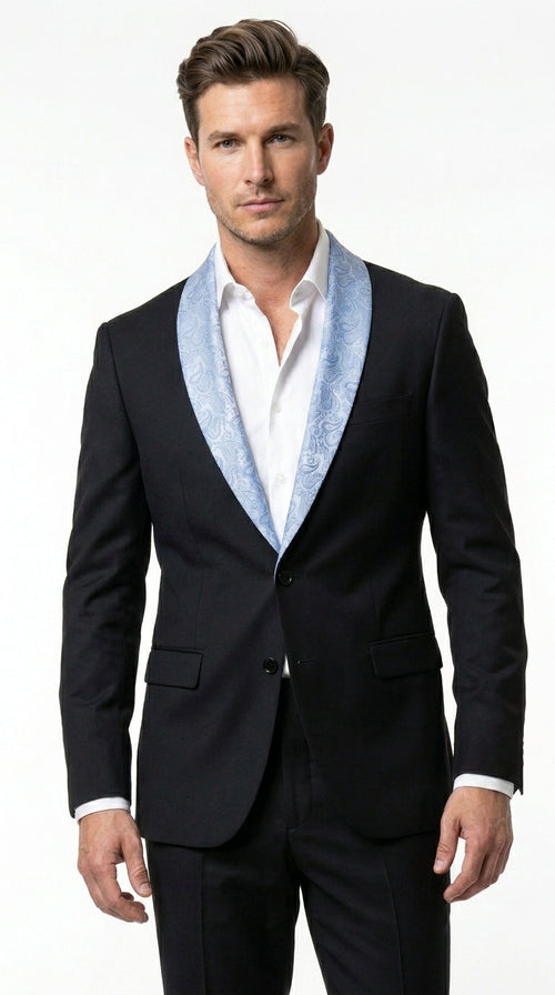 Men's Black Suit with Light Blue Lapel – Modern Formal Tuxedo Style Suit  for Wedding, Prom, Party and Sky Powder Blue Color