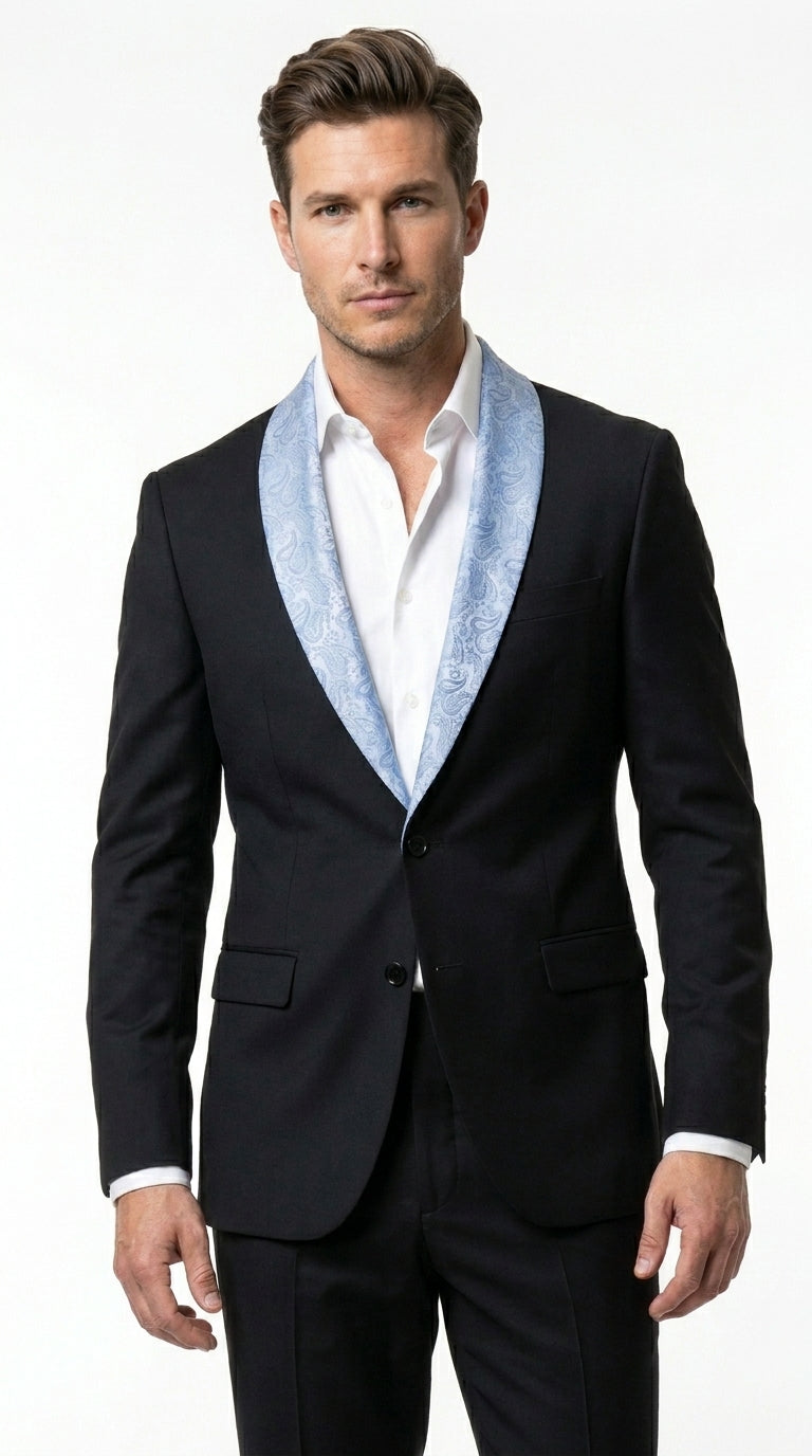 Men’s Black Suit with Light Blue Lapel – Modern Formal Tuxedo Style Suit for Wedding, Prom, Party and Sky Powder Blue Color