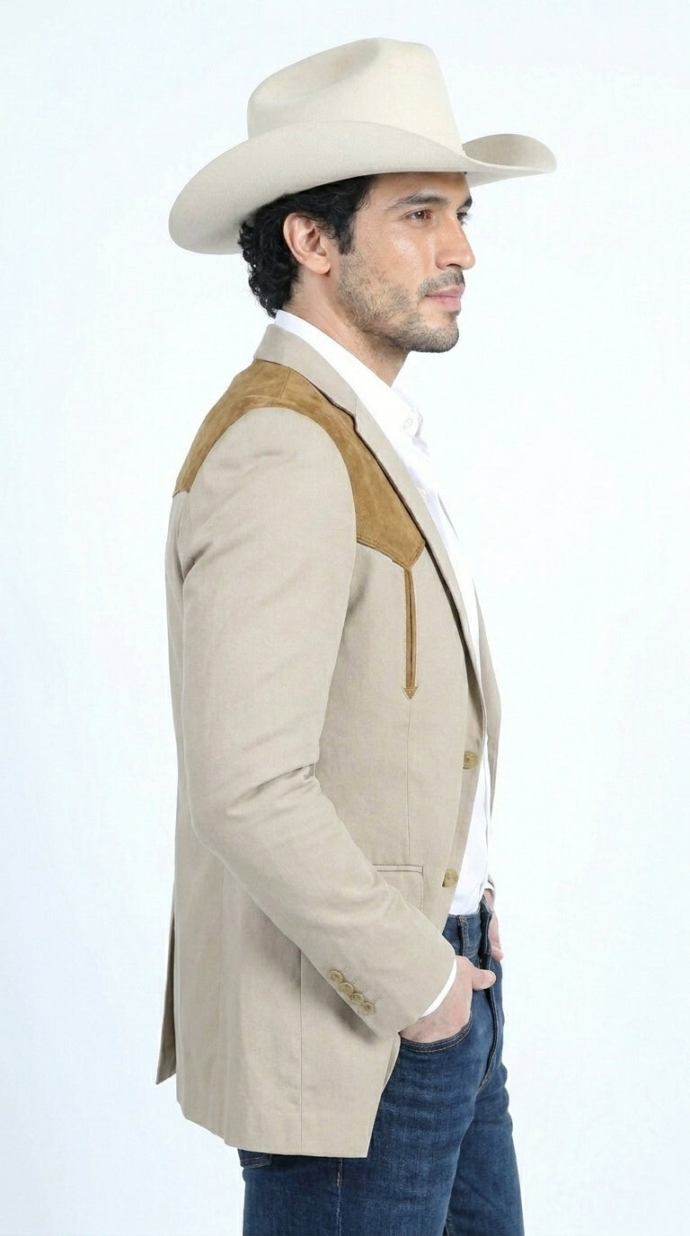 Men’s Khaki Western Blazer with Suede Yokes, Cowboy Sport Coat , Ranch and Country Events in Tan Khaki Color By Platini