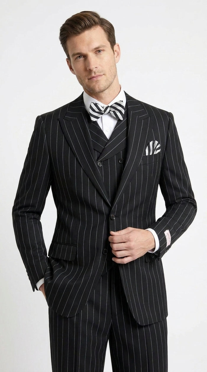 Men’s Black Pinstripe 3-Piece Suit Wool Suit  – Classic Fit Single Button Suit with Wide Leg Pleated Pants By Tiglio Russo