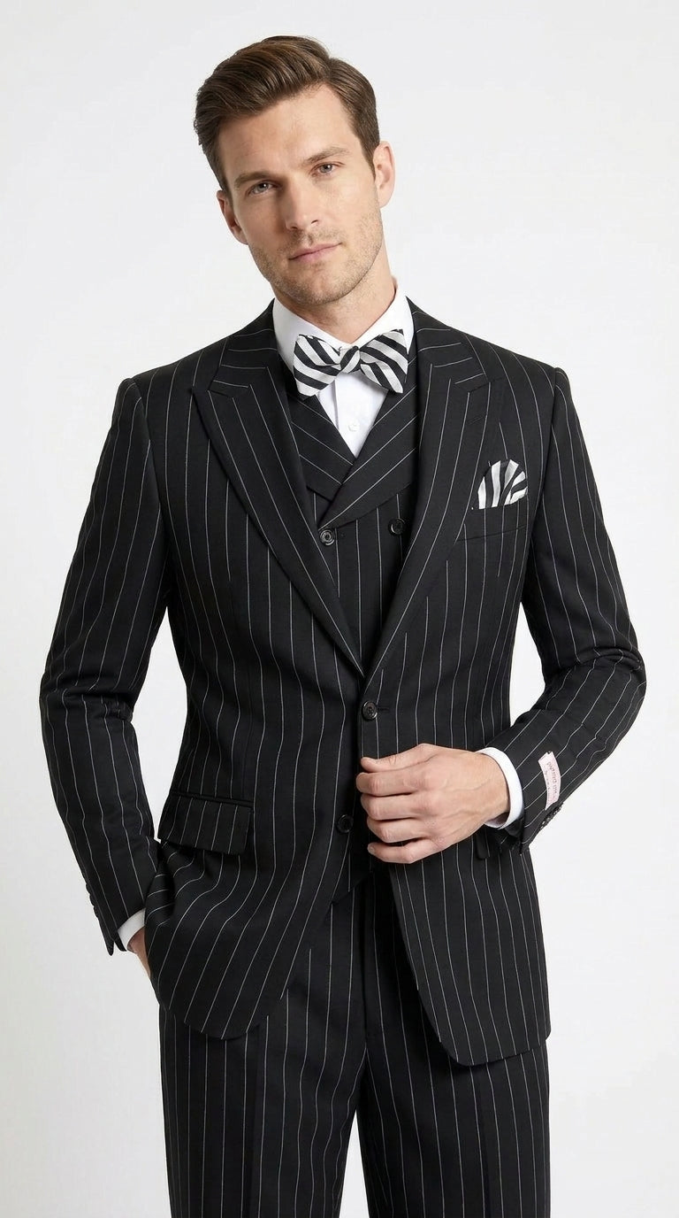 Men’s Black Pinstripe 3-Piece Suit Wool Suit  – Classic Fit Single Button Suit with Wide Leg Pleated Pants By Tiglio Russo