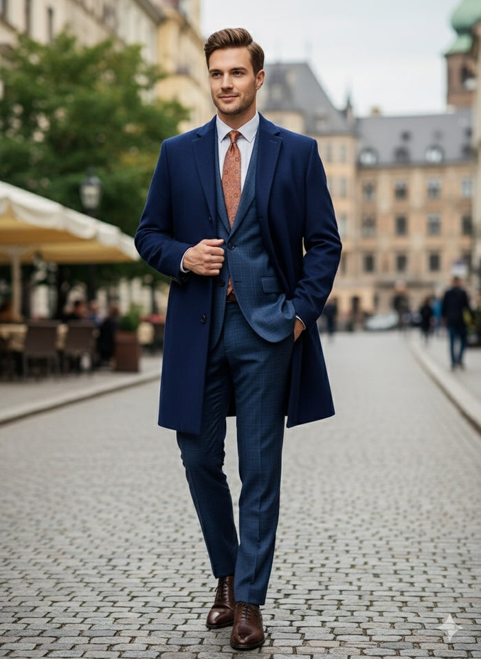 Cobalt blue wool-cashmere car coat. Tailored, straight-cut, single-breasted. Features classic lapel, full-length, two pockets, and button closure. Smooth texture, combining warmth and softness. Rich cobalt color.
