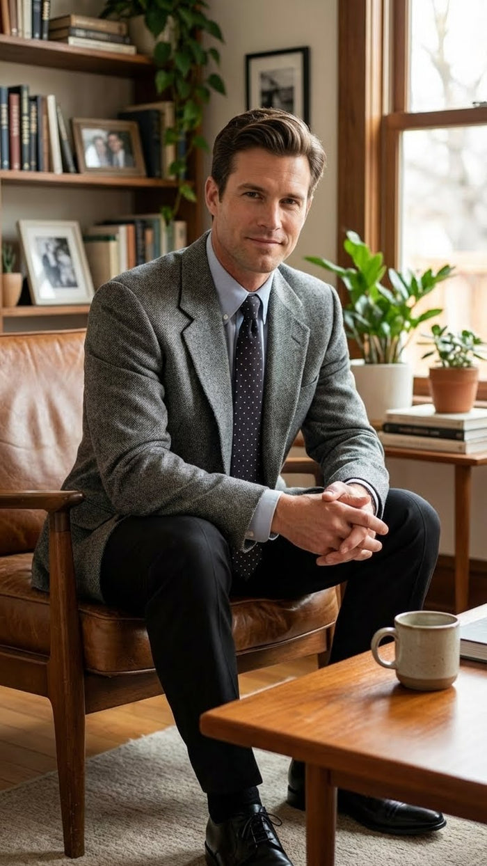 Men's charcoal grey blazer with a tailored fit. Features notched lapel and two front pockets. Textured fabric, likely wool or blend, offers structure and warmth.
