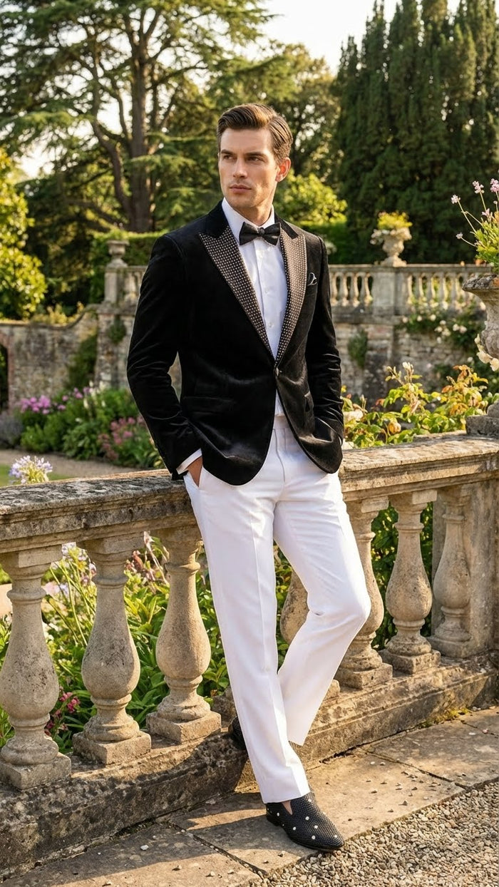 Men's black velvet tuxedo blazer. Fitted, single-breasted, studded lapel. Soft velvet with a rich, deep black color.
