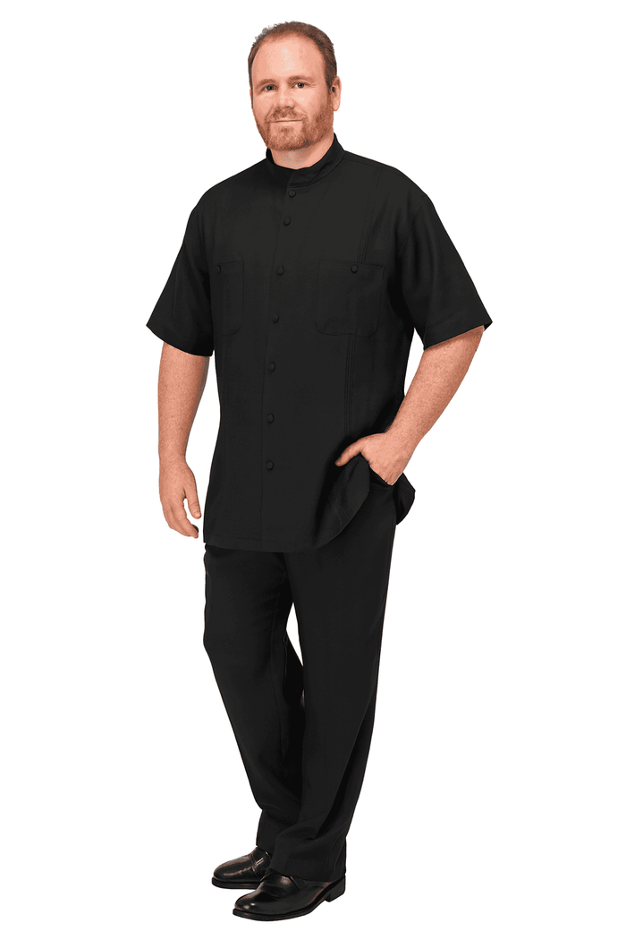 Black men's banded collar walking suit. Short-sleeve shirt with straight cut, two chest pockets. Tailored pants. Smooth, lightweight black fabric. Simple, functional design. Button closures, classic pants fit.
