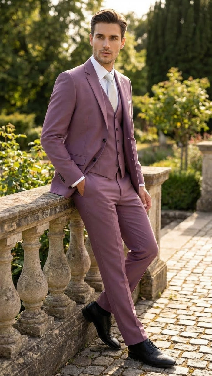 Men's mauve three-piece suit: slim-fit blazer with notch lapels, matching vest, and trousers. Formal attire with a tailored design. Completed with black dress shoes.
