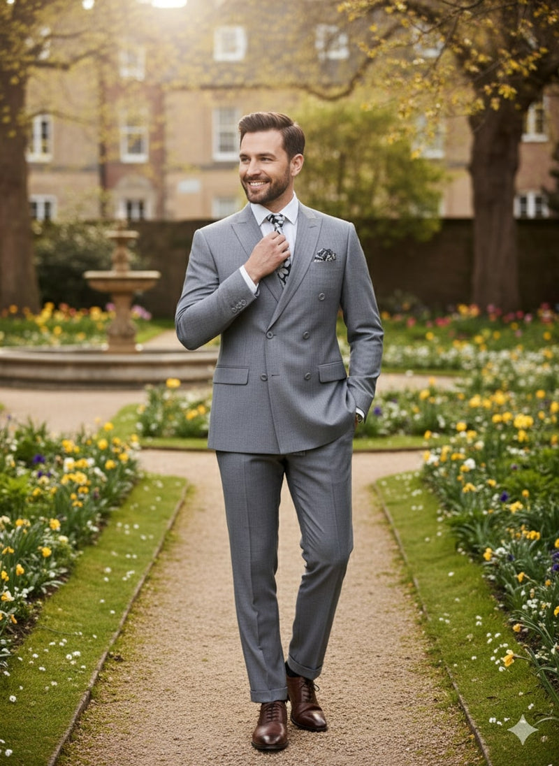 Men's slim-fit gray double-breasted suit. Tone-on-tone with subtle shadow stripes. Lightweight fabric. Includes a tailored jacket and matching trousers.
