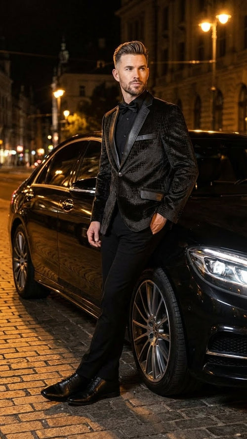 Men's exotic skin blazer. Tailored fit, black color, glossy finish. Crocodile/alligator texture. Peak lapels, single-button closure, front pockets.
