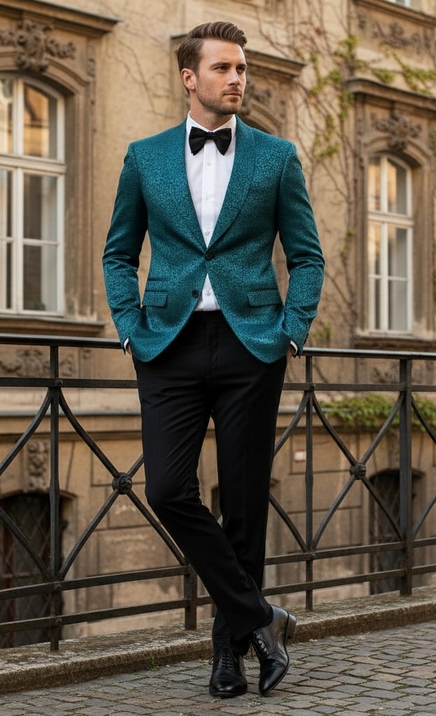 Men's teal blue tuxedo jacket with paisley pattern and shawl lapel. Textured fabric for an elegant look.
