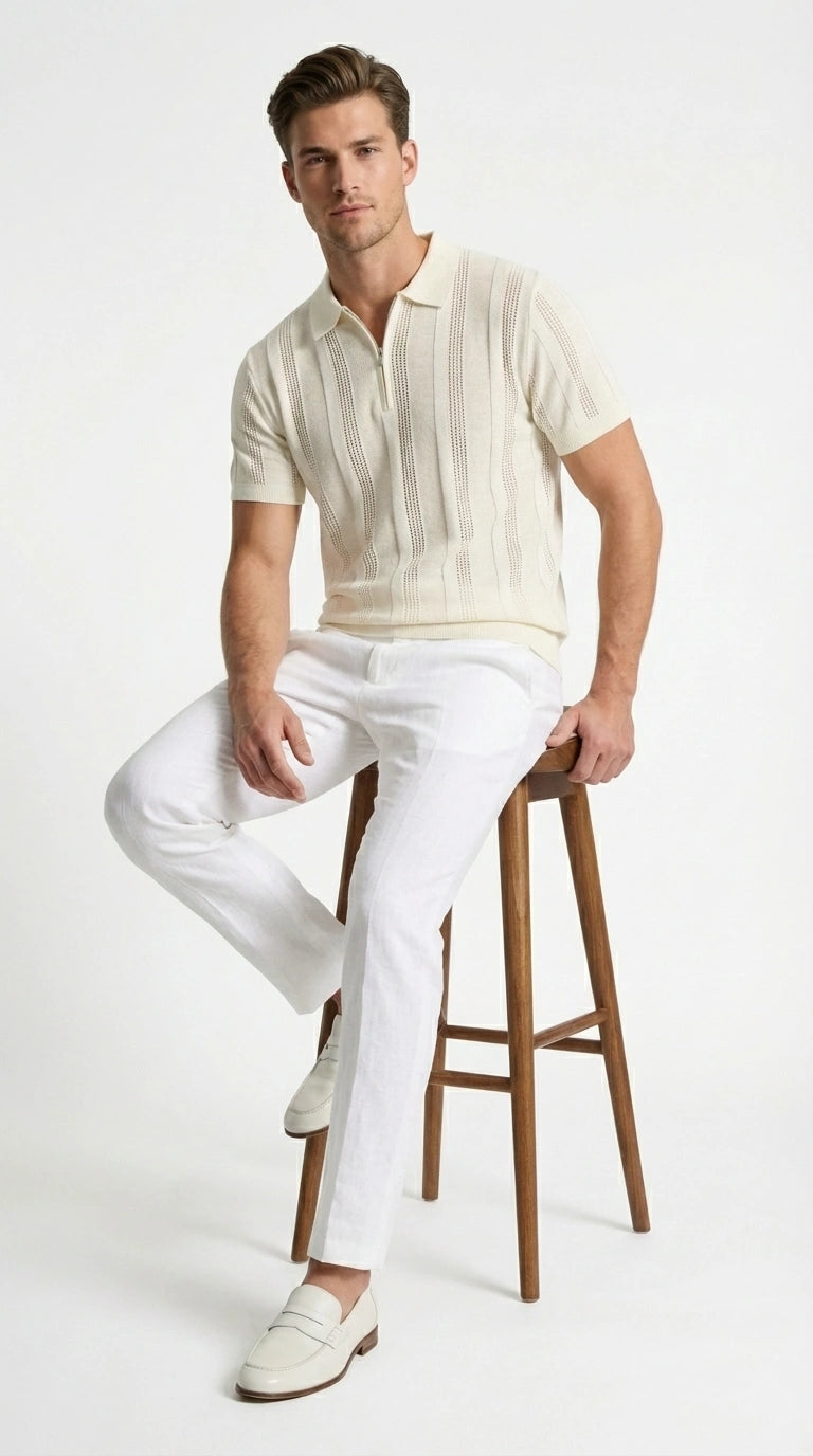 Mens Cream Ivory Off White Knit Walking Suit Set – Lightweight Short Sleeve Shirt and Pants Outfit for Summer, Vacation and Casual Style