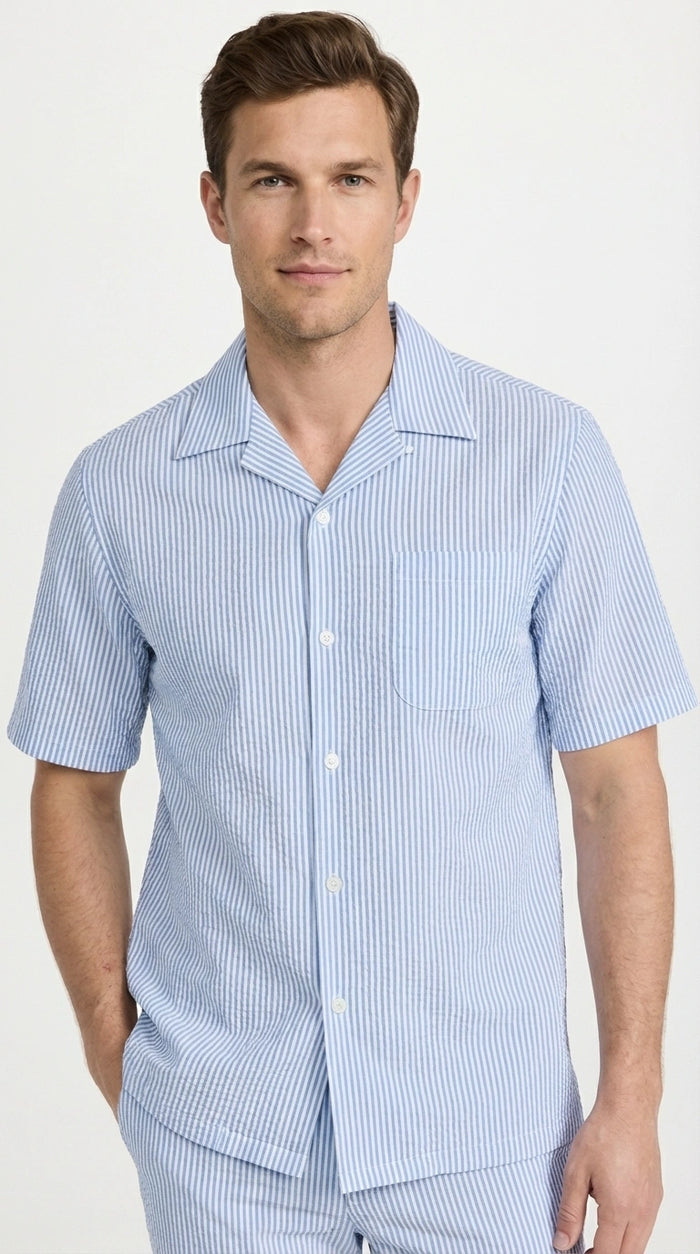 ens Light Blue Seersucker Walking Suit Set – Casual Summer Short Sleeve Outfit with Matching Pants Lightweight Two Piece Outfit