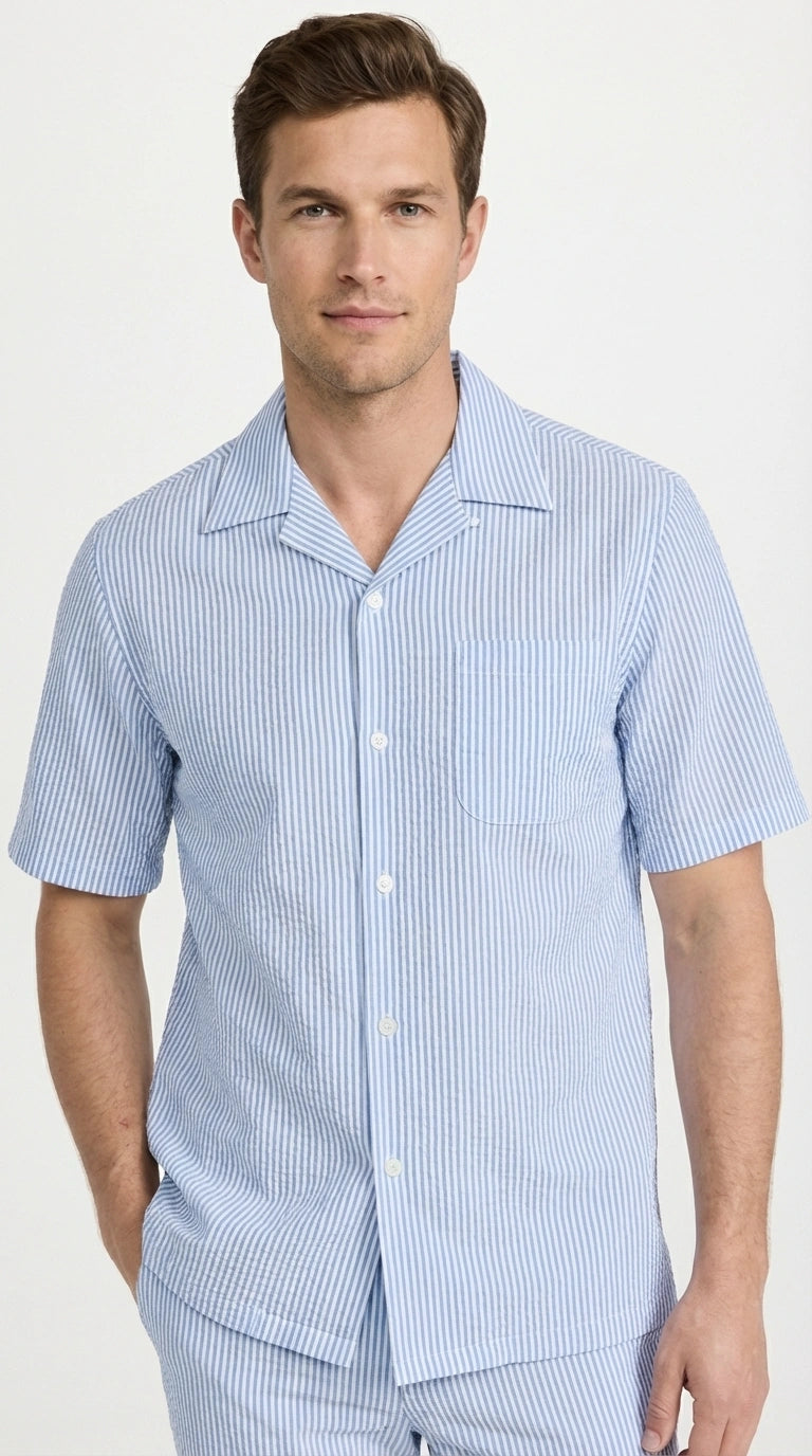 ens Light Blue Seersucker Walking Suit Set – Casual Summer Short Sleeve Outfit with Matching Pants Lightweight Two Piece Outfit