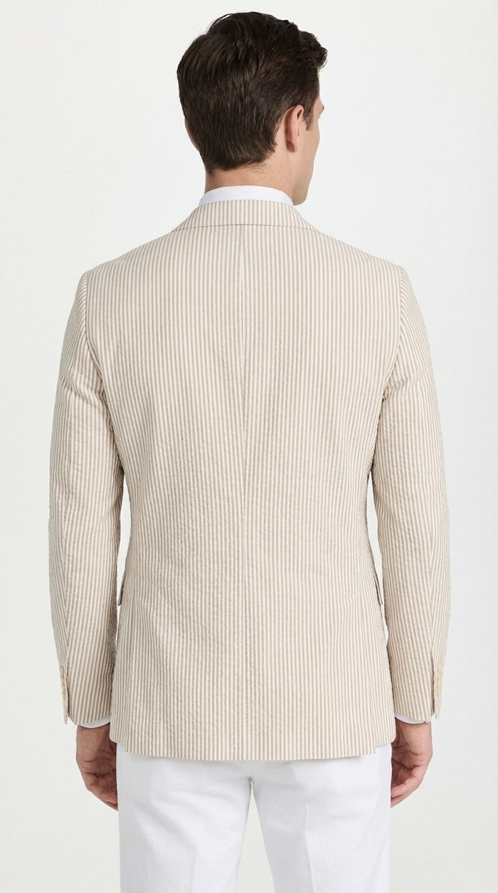 Mens Beige Seersucker Blazer – Lightweight Striped Summer Sport Coat Casual Smart Formal Jacket
