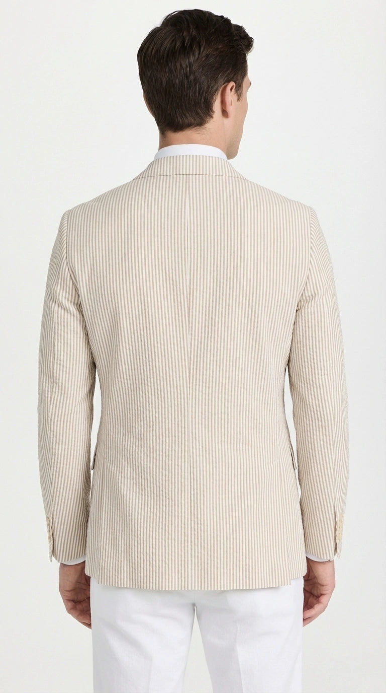 Mens Beige Seersucker Blazer – Lightweight Striped Summer Sport Coat Casual Smart Formal Jacket