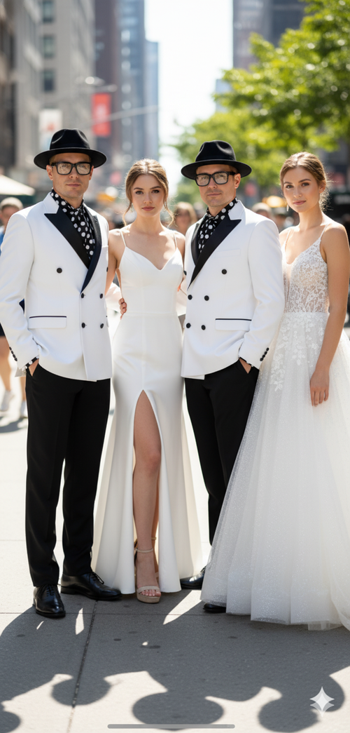 Men's slim-fit double-breasted tuxedo. White jacket with black lapels & buttons, paired with black trousers. Modern & stylish formal wear.
