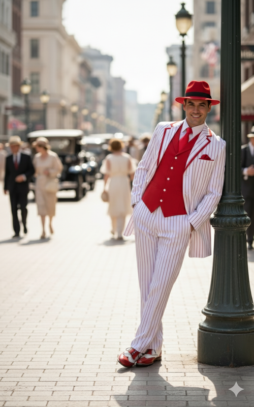 Mens 1920s White and Red Pinstripe Zoot Suit with Fedora Hat and