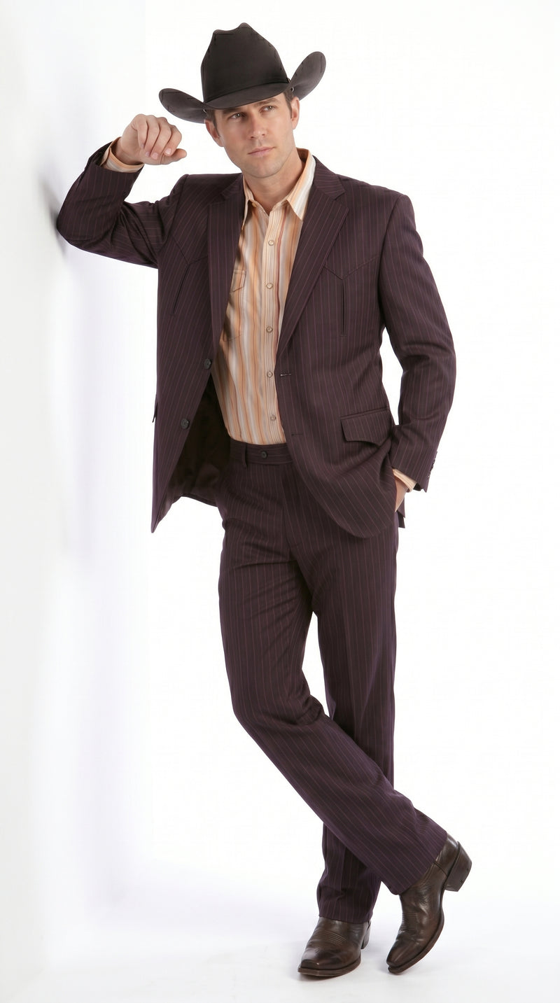 Men’s Brownish Black Pinstripe Western Suit, Cowboy Formal Wedding Ranch Dress Suit Set Slim Fitted