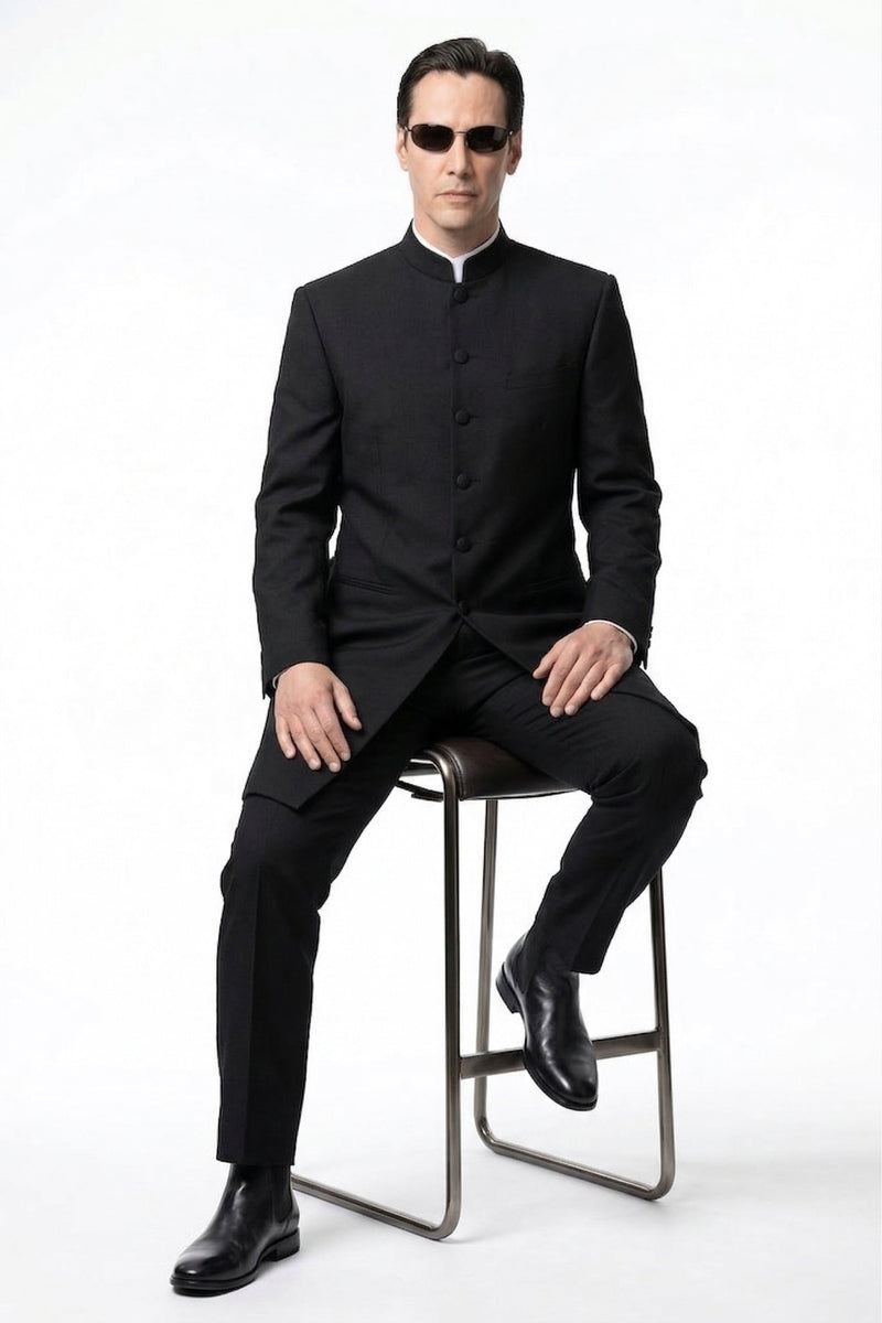 Men’s Black Coat Matrix Keanu Reeves Inspired Long Coat – Classic Mandarin Collar Formal Overcoat, Stylish Winter Trench Coat, Neo Style Jacket