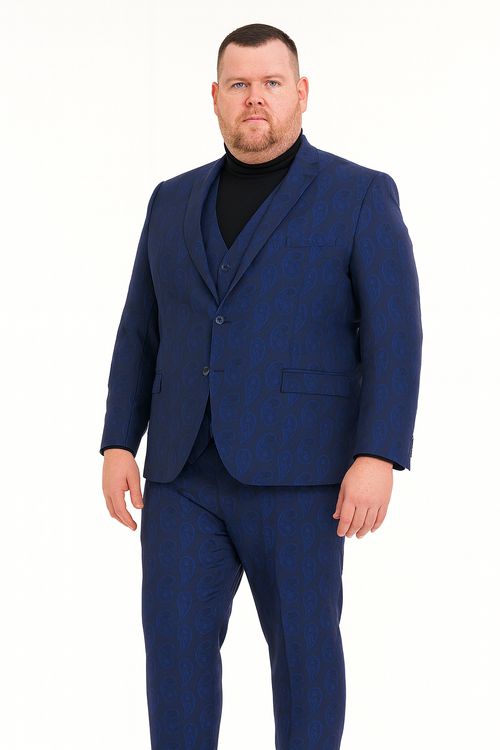 Men’s Sapphire Blue Paisley 3-Piece Suit – Slim Fit Designer Tuxedo Set for Weddings and Formal Events in Cobalt Blue Color