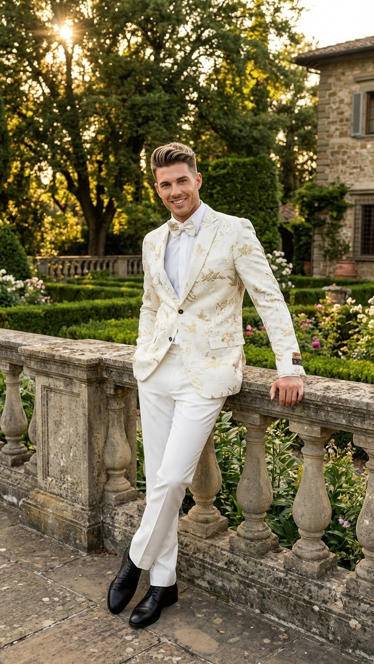Alberto Nardoni men's blazer. White fabric with delicate gold pattern, textured. Structured design: traditional lapel, pockets, button closure. Smooth, lightweight fabric, ideal for formal events.

