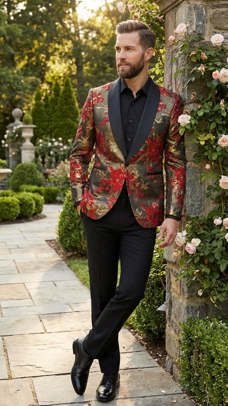 Red & gold floral paisley blazer with shawl lapels, tailored fit. Red base with gold paisley, black lapel. Paired with black trousers, a refined look.
