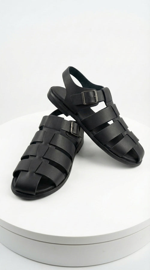 Mens Black Leather Sandals – Buckle Strap Casual Summer Shoes Breathable Open Toe Comfort Footwear