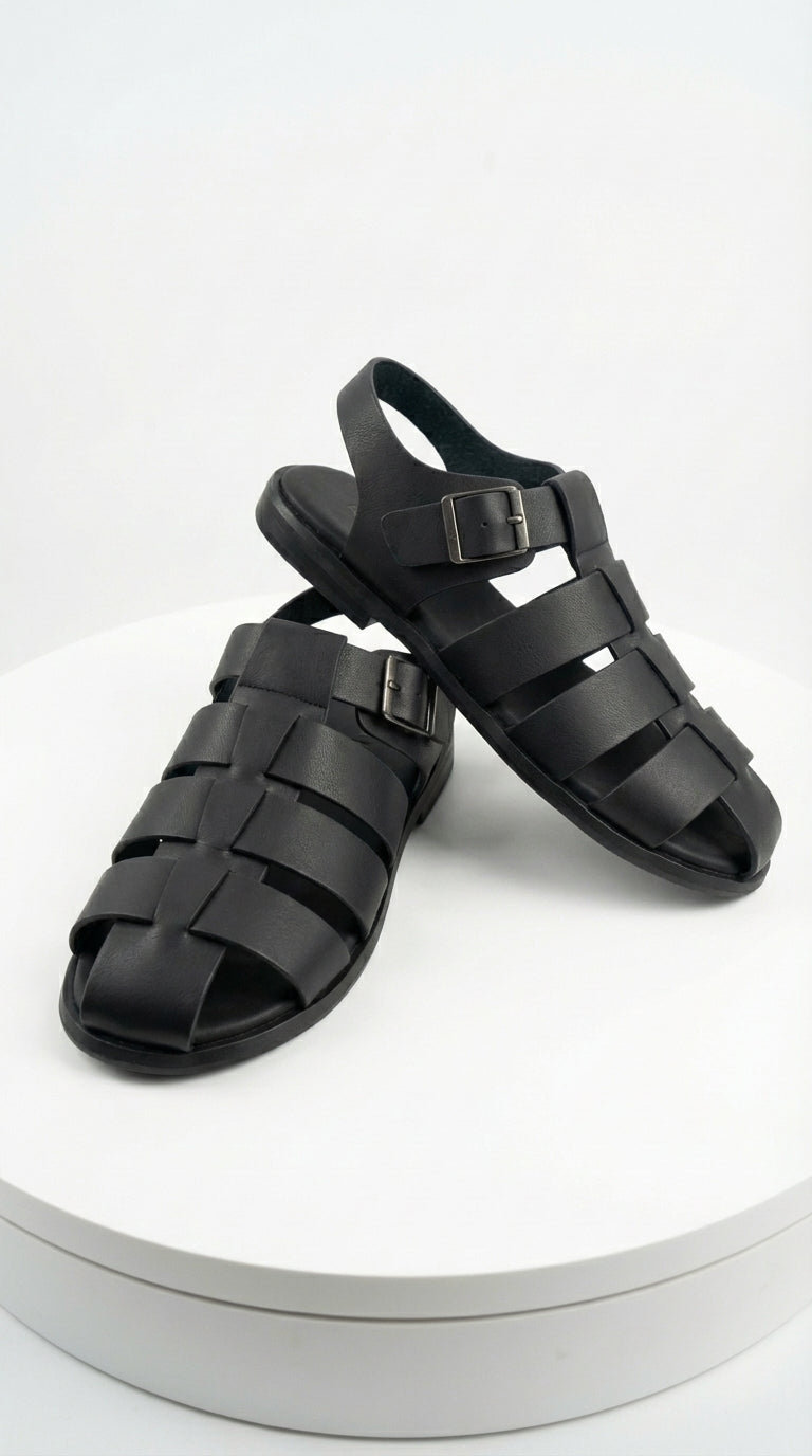Mens Black Leather Sandals – Buckle Strap Casual Summer Shoes Breathable Open Toe Comfort Footwear