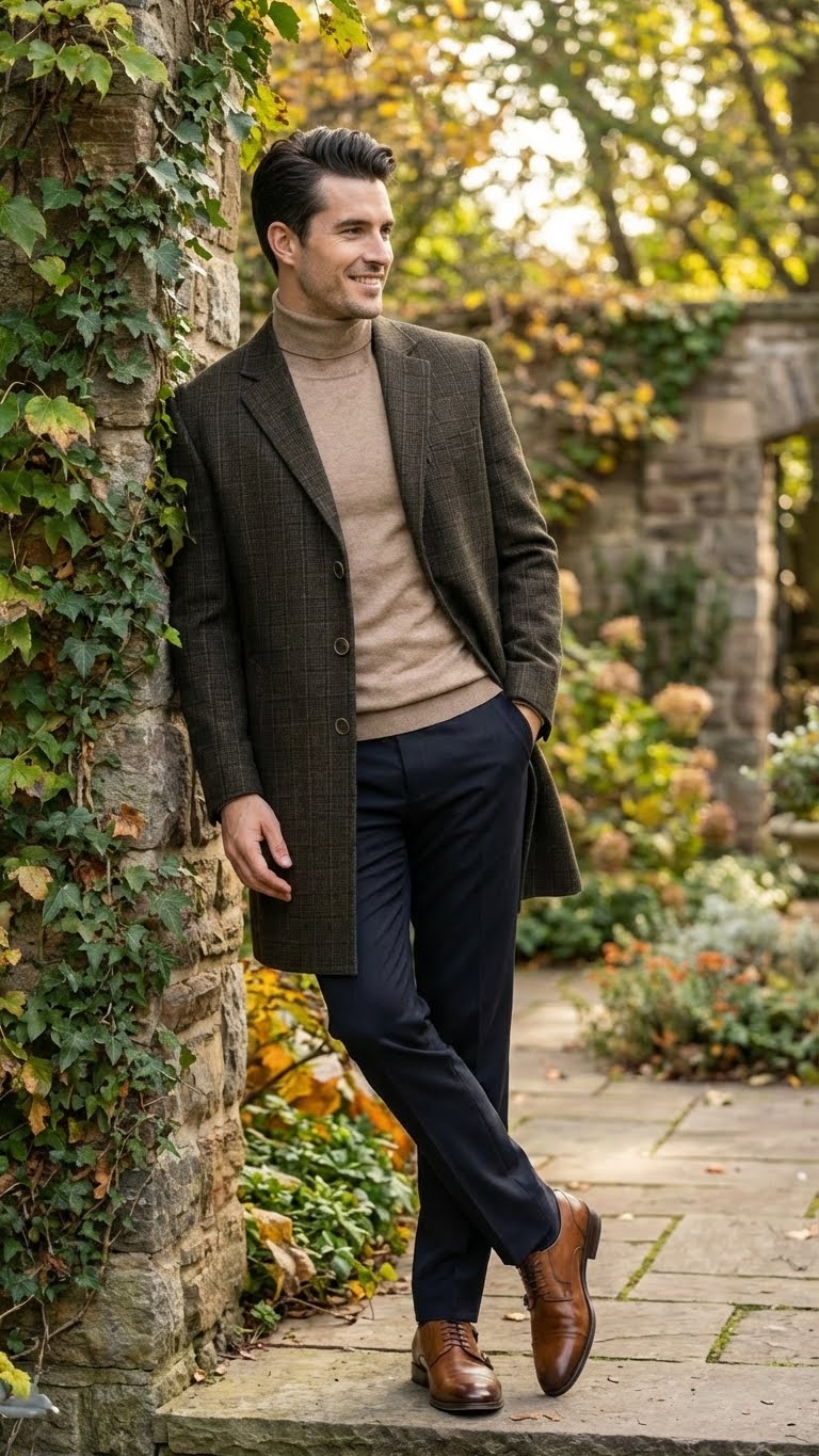 Alberto Nardoni men's brown checkered wool overcoat. Tailored fit, straight silhouette, notched collar, and three buttons. Mid-thigh length, long sleeves, flared bottom. Brown checkered pattern.
