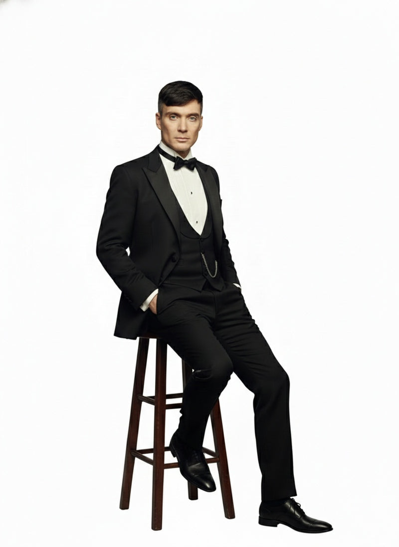 Mens Black Peaky Blinders Style Three-Piece Tuxedo Suit – Classic Formal Suit with Blazer and Waistcoat Peak Lapel 1920s Style
