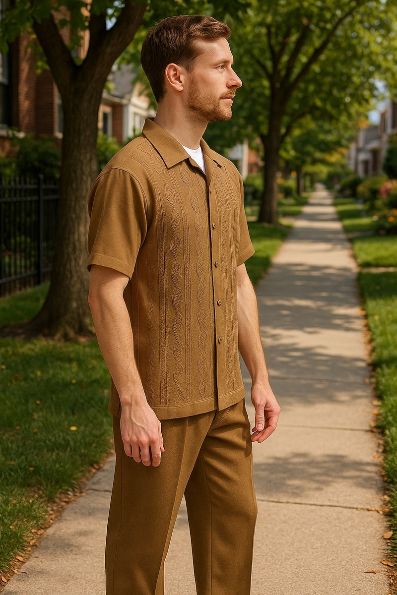 Men's mocha taupe two-piece knit walking suit. Short sleeve button-down shirt with textured pattern & matching trousers. Perfect for casual wear.
