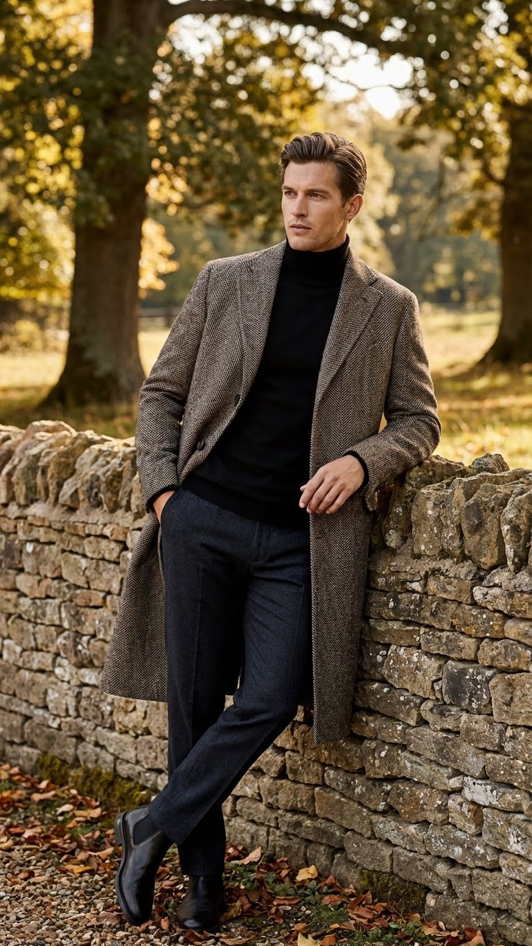 Men's black & grey herringbone tweed overcoat. Wool blend, long tailored silhouette, notched lapel, double-breasted. Subtle pattern, long sleeves, mid-calf length, fitted waist.
