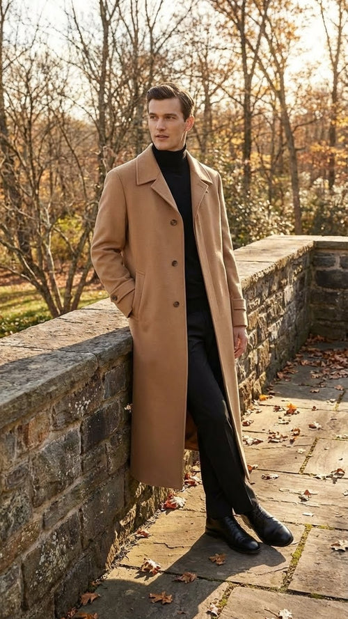 Alberto Nardoni men's camel overcoat. Full-length, straight silhouette with notched collar and button closure. Crafted from soft, sturdy tan fabric. Features two side pockets.
