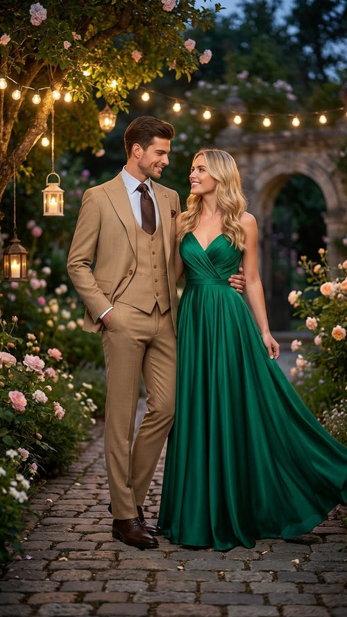 Men's tan three-piece suit: fitted jacket, matching vest, tailored pants. Smooth fabric, classic notch lapel, subtle checker pattern. Vest: three-button closure. Pants: flat front. Includes brown footwear.
