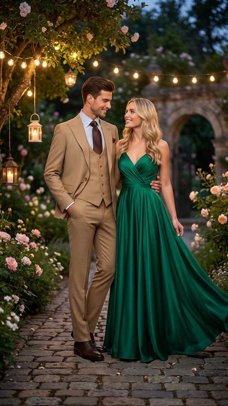 Men's tan three-piece suit: fitted jacket, matching vest, tailored pants. Smooth fabric, classic notch lapel, subtle checker pattern. Vest: three-button closure. Pants: flat front. Includes brown footwear.
