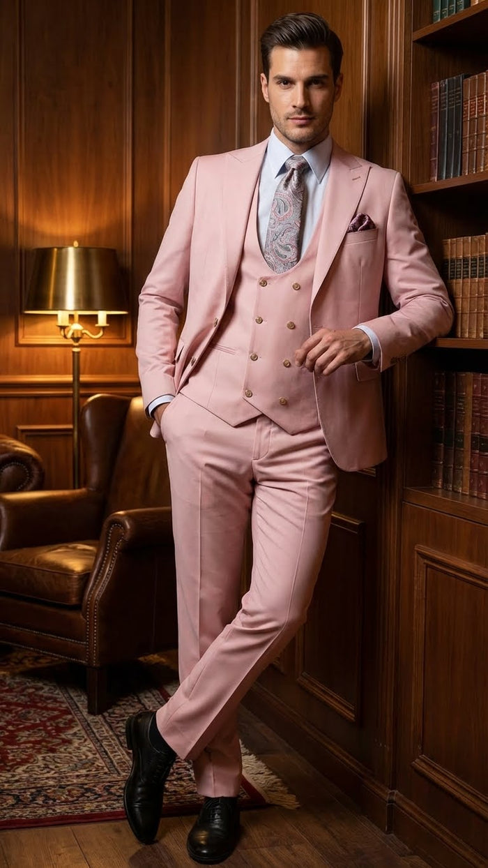 Alberto Nardoni men's three-piece suit: blush pink jacket with notched lapel, double-breasted vest (gold buttons), and slim-fit trousers. Modern, structured formal design.
