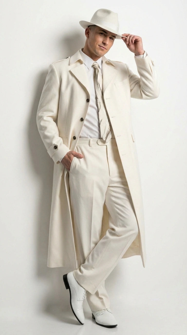 Men’s Ivory Cream Off White  Full Length Zoot Suit – Vintage Gangster Style Long Coat Formal Suit
