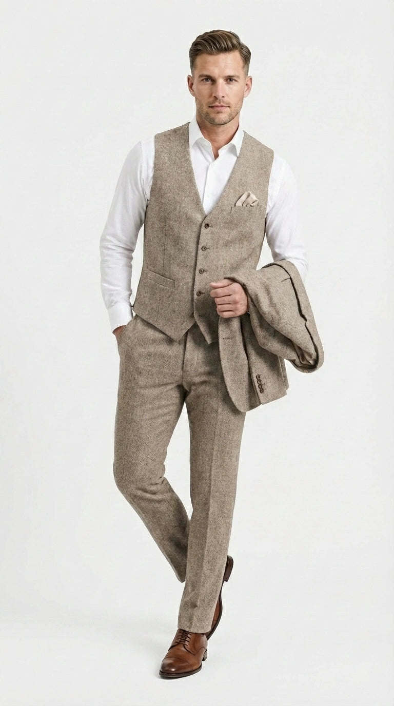 Men’s Light Beige Herringbone Tweed Suit with Vest – Classic Three Piece Formal Suit, Vintage Business Wedding Outfit, Elegant Smart Casual Wear