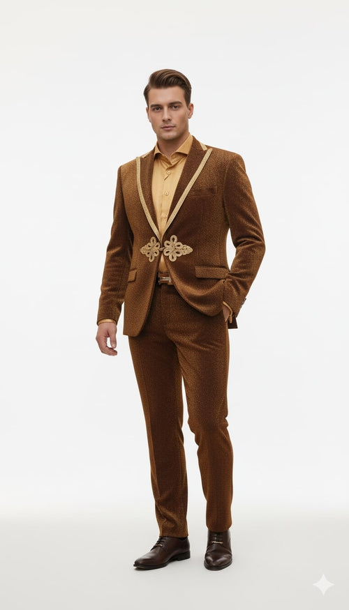 Bronze shiny velvet men's suit: blazer with gold accents and floral embroidery, matching pants. Rich brown color. Elegant and eye-catching.
