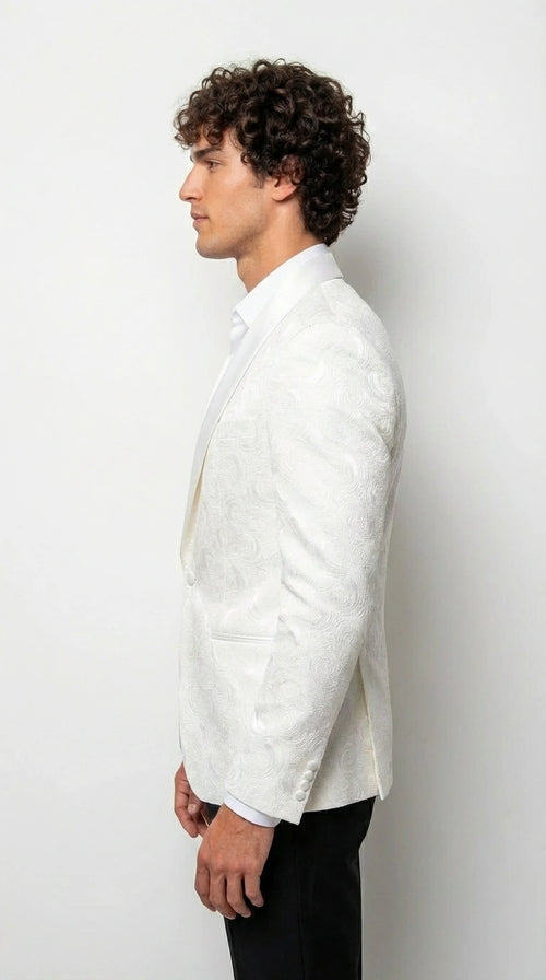 Men’s White Paisley Disco Blazer 1980s Style Jacket – Shawl Lapel Formal Party Blazer, Elegant Masquerade Club Wear, Stylish Evening Outfit